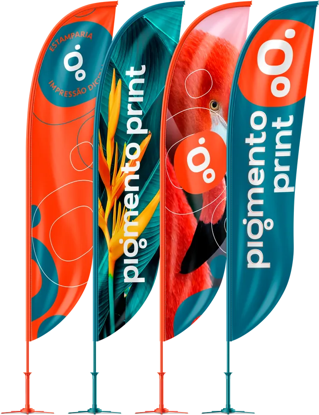 Quatro wind banners da Pigmento Print em laranja e verde-água